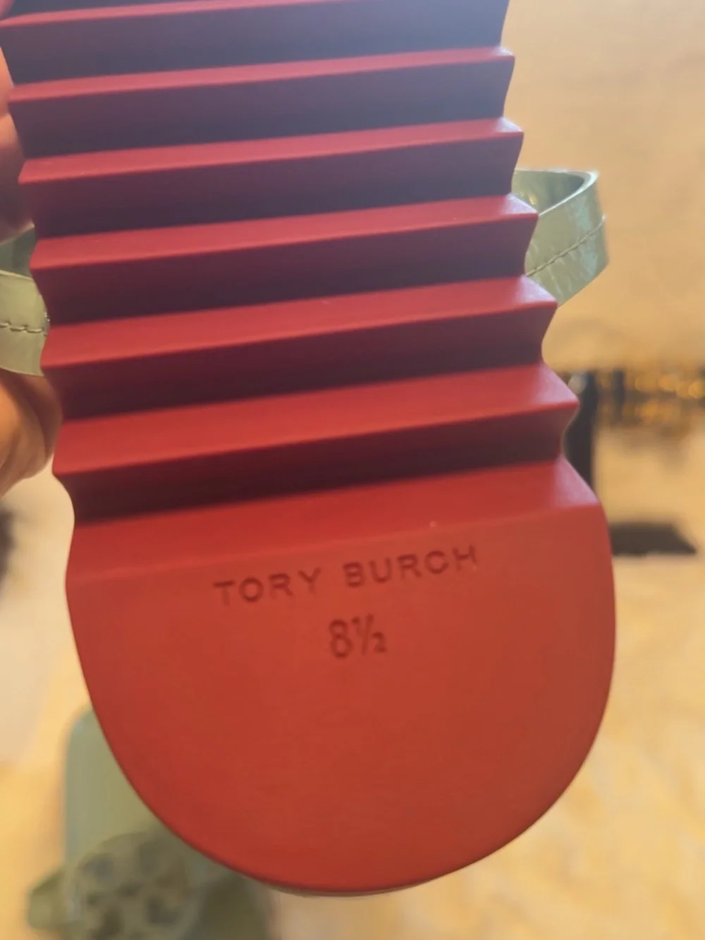 Tory Burch Seafoam Patent Miller Lug Flip Flop with Red Sole